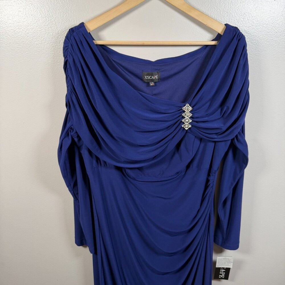 Xscape Formal Dress Gown Size 18W Blue Draped Off the Shoulder Wedding Event - Picture 5 of 12